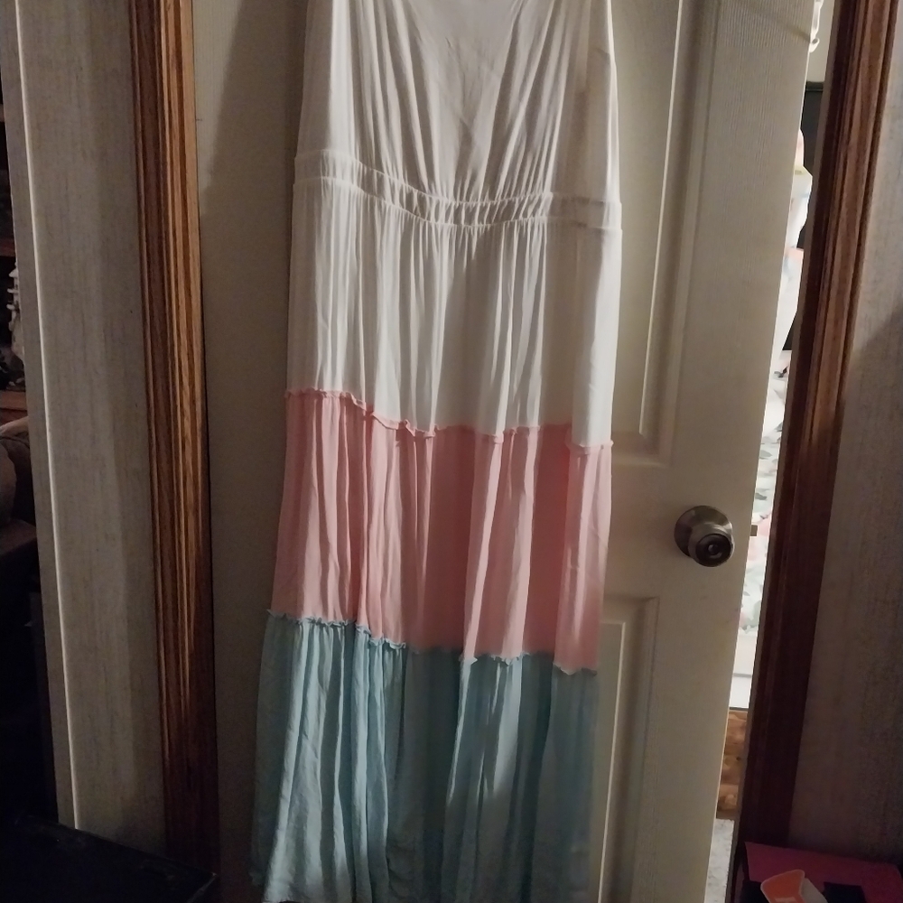 Colorblock Maxi Dress in White, Pink, and Blue